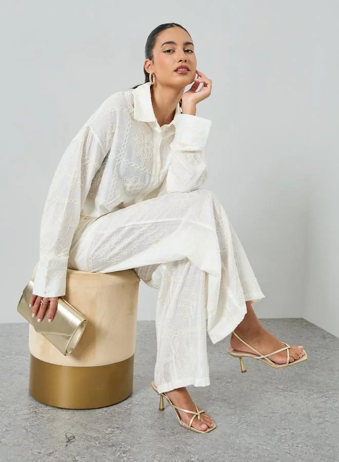 Take Two Women's All Embroidery Button Up Long Sleeve Shirt Wiht Pants Set