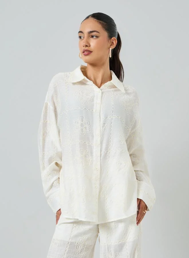 Take Two Women's All Embroidery Button Up Long Sleeve Shirt Wiht Pants Set