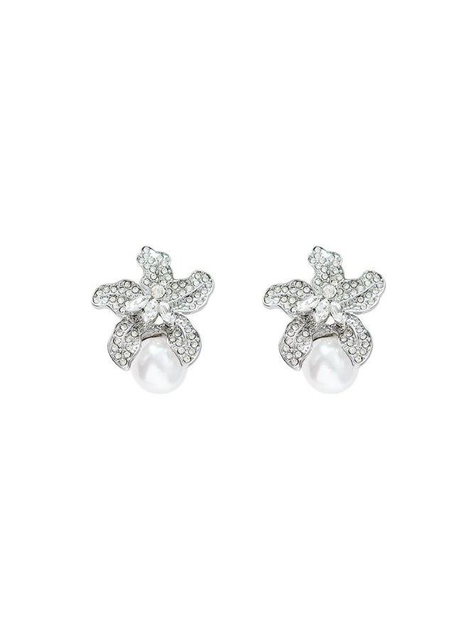 Goolsky Elegant Full Zircon Flower Earrings with Pearl Drop for Women – Fashionable Versatile Chic Studs, Sparkling Zircons & Pearls S925 Silver Posts, Formal/Daily Wear - Image 4