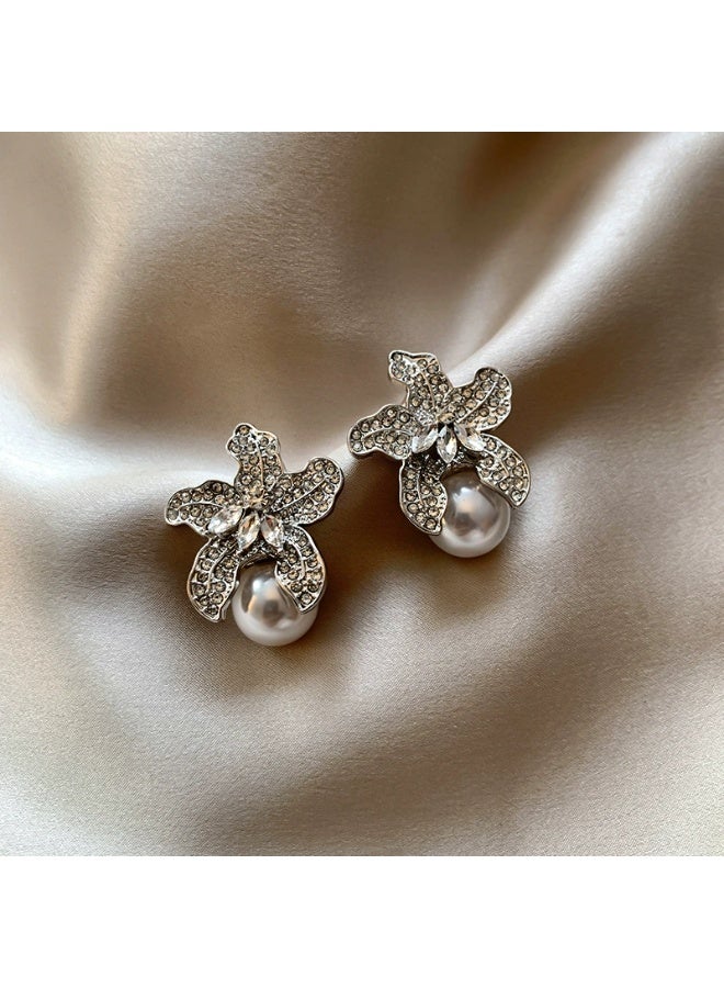 Goolsky Elegant Full Zircon Flower Earrings with Pearl Drop for Women – Fashionable Versatile Chic Studs, Sparkling Zircons & Pearls S925 Silver Posts, Formal/Daily Wear - Image 5