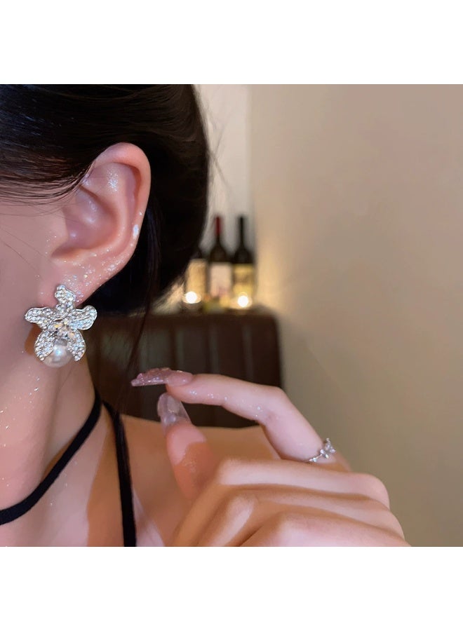 Goolsky Elegant Full Zircon Flower Earrings with Pearl Drop for Women – Fashionable Versatile Chic Studs, Sparkling Zircons & Pearls S925 Silver Posts, Formal/Daily Wear - Image 3