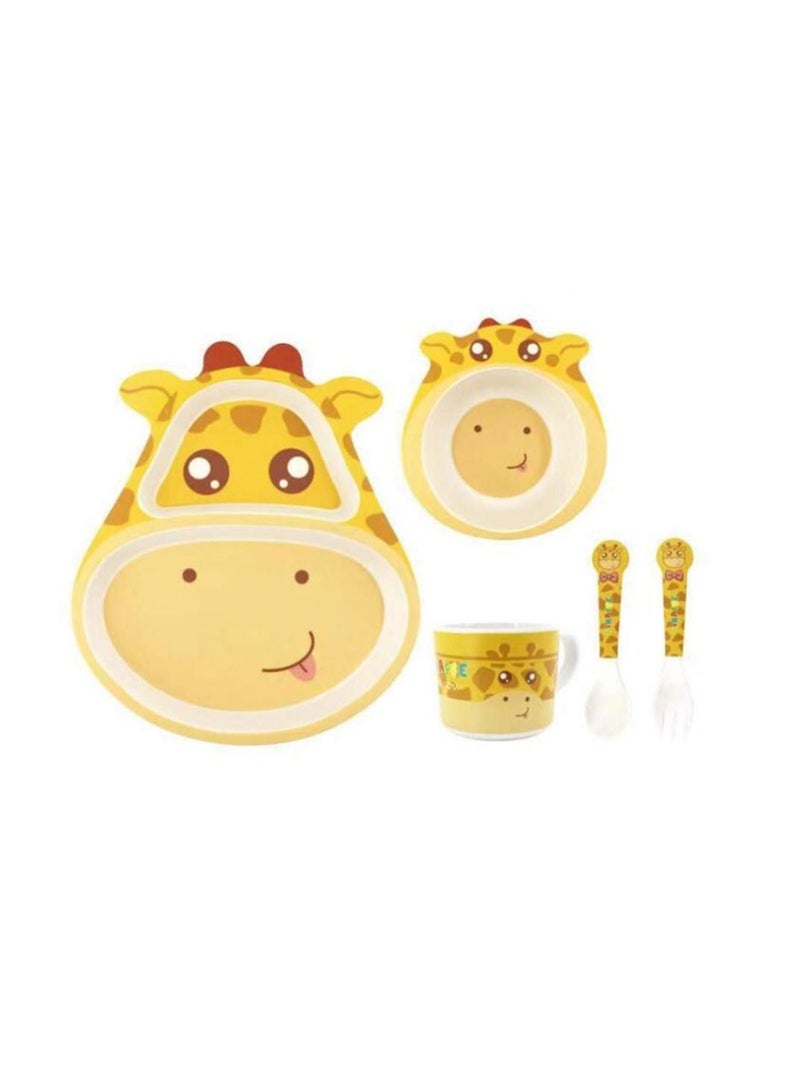 XiuWoo 5Pcs/Set Kids Dinnerware Set - Children Dishes Food Plate Bowl Cup Spoon Fork Natural Bamboo Fiber Dishware, BPA Free Dishwasher Safe - Image 1