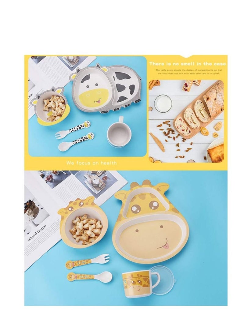 XiuWoo 5Pcs/Set Kids Dinnerware Set - Children Dishes Food Plate Bowl Cup Spoon Fork Natural Bamboo Fiber Dishware, BPA Free Dishwasher Safe - Image 2