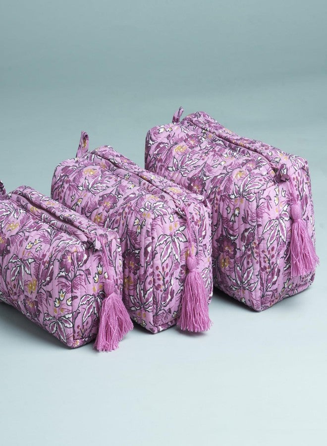 AYUDA HOMES Light Blush Travel Pouch Waterproof Cotton Storage Bag Multi-Utility Makeup, Toiletry & Cosmetic Organizer for Women | Portable Travel Essentials (Pack of 3) (Purple-Tassels) - Image 3