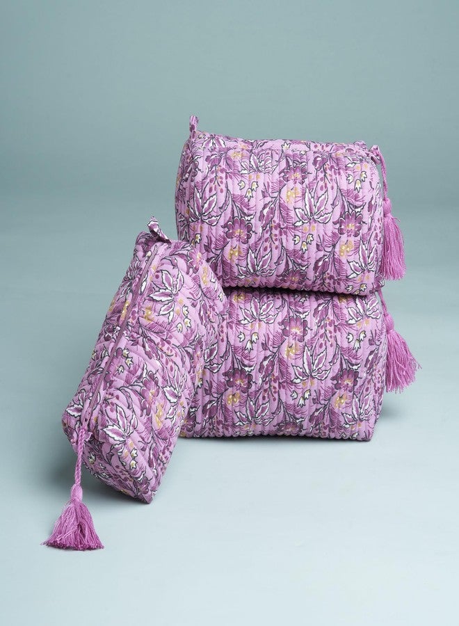 AYUDA HOMES Light Blush Travel Pouch Waterproof Cotton Storage Bag Multi-Utility Makeup, Toiletry & Cosmetic Organizer for Women | Portable Travel Essentials (Pack of 3) (Purple-Tassels) - Image 2