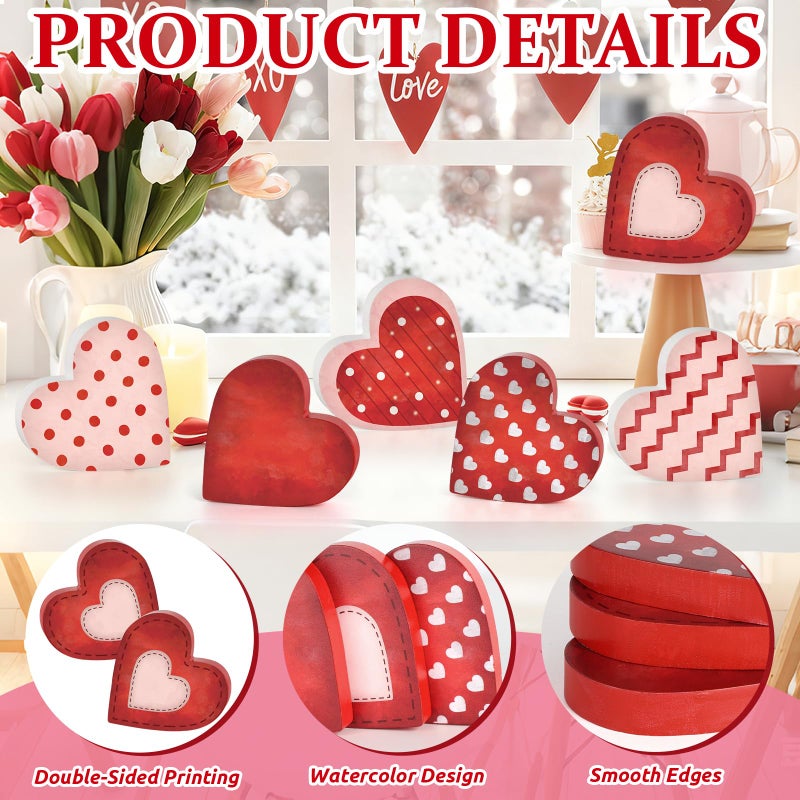 Sealmic 6 Pcs Valentine's Day Wooden Heart Table Signs Red Wood Table Centerpiece Block Valentine Decorations Indoor Vintage Tiered Tray Decor for Home Office Desk Shelf Mantel Love Wedding Anniversary Party - Image 3