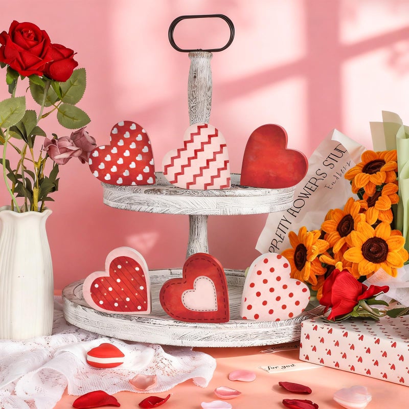 Sealmic 6 Pcs Valentine's Day Wooden Heart Table Signs Red Wood Table Centerpiece Block Valentine Decorations Indoor Vintage Tiered Tray Decor for Home Office Desk Shelf Mantel Love Wedding Anniversary Party - Image 4