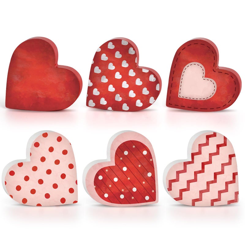 Sealmic 6 Pcs Valentine's Day Wooden Heart Table Signs Red Wood Table Centerpiece Block Valentine Decorations Indoor Vintage Tiered Tray Decor for Home Office Desk Shelf Mantel Love Wedding Anniversary Party - Image 1