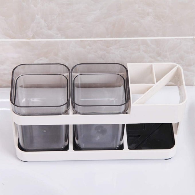 2 CUPS TOOTHBRUSH TOOTHPASTE STAND HOLDER STORAGE ORGANIZER WHITE PACK OF 1