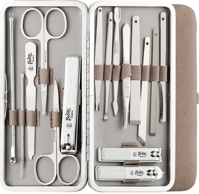Beauté Secrets Essentials Manicure Set Nail Clippers Kit Manicure Pedicure Gift Set, 16Pcs Professional Stainless Steel Pedicure Care Tools Women Travel Grooming Kit with Case (Grey) - Image 1