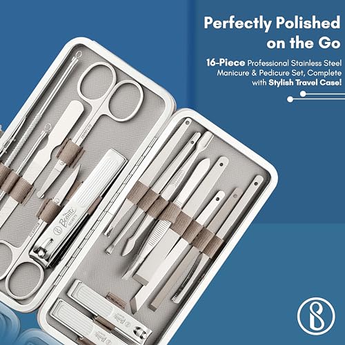 Beauté Secrets Essentials Manicure Set Nail Clippers Kit Manicure Pedicure Gift Set, 16Pcs Professional Stainless Steel Pedicure Care Tools Women Travel Grooming Kit with Case (Grey) - Image 4