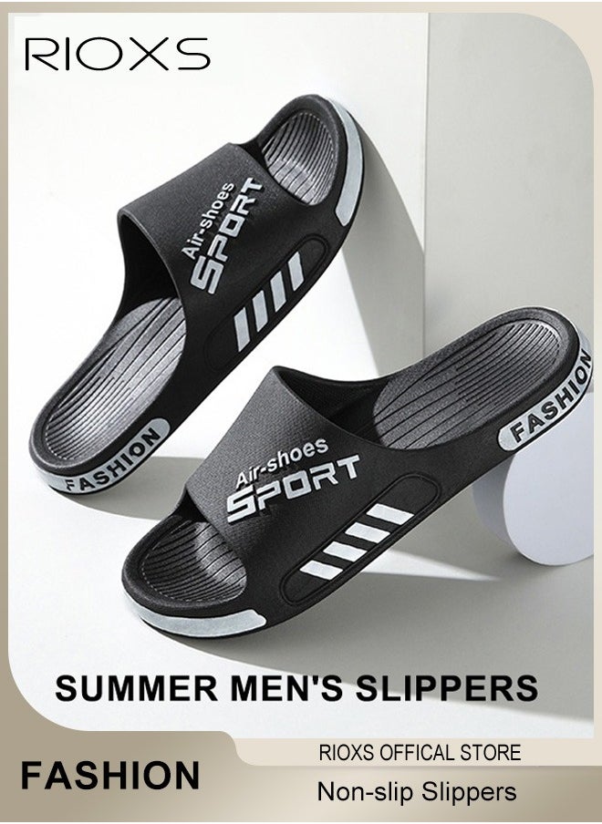RIOXS Slippers For Men, Comfy Lightweight Flat Slippers, Men's Home Shower Slippers, Non-slip Open Toes Slippers, Soft Elastic Sole Slippers For Beach Outdoor Indoor Daily Wearing, Black Slides Bath Slippers, Classic Men Slip-ons  - Image 1
