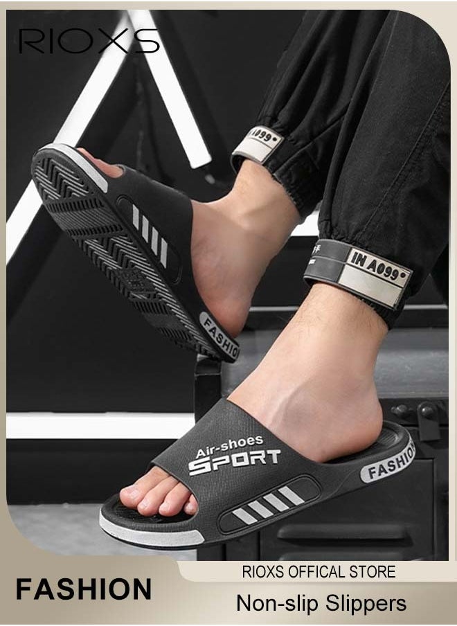 RIOXS Slippers For Men, Comfy Lightweight Flat Slippers, Men's Home Shower Slippers, Non-slip Open Toes Slippers, Soft Elastic Sole Slippers For Beach Outdoor Indoor Daily Wearing, Black Slides Bath Slippers, Classic Men Slip-ons  - Image 3