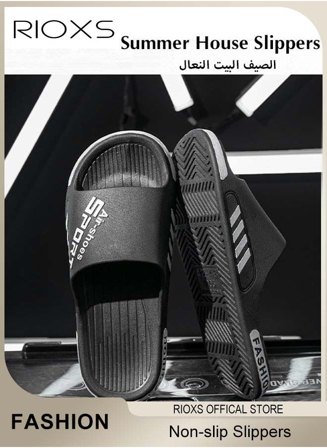 RIOXS Slippers For Men, Comfy Lightweight Flat Slippers, Men's Home Shower Slippers, Non-slip Open Toes Slippers, Soft Elastic Sole Slippers For Beach Outdoor Indoor Daily Wearing, Black Slides Bath Slippers, Classic Men Slip-ons  - Image 5