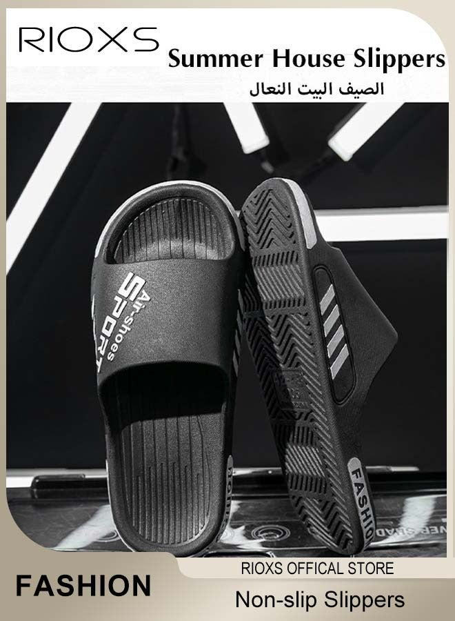 RIOXS Slippers For Men, Comfy Lightweight Flat Slippers, Men's Home Shower Slippers, Non-slip Open Toes Slippers, Soft Elastic Sole Slippers For Beach Outdoor Indoor Daily Wearing, Black Slides Bath Slippers, Classic Men Slip-ons - Image 4