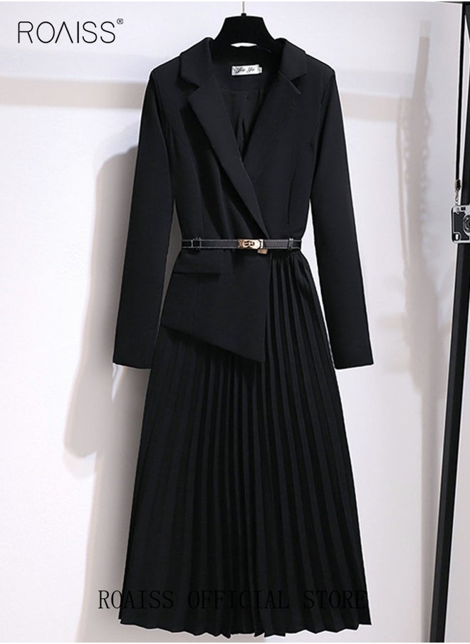 roaiss Women's Vintage Blazer Dress Women Elegant Office Dress with Belt Long Women V-Neck A-Line Dress Women Gorgeous Long Sleeve  - Image 4