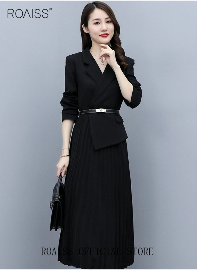 roaiss Women's Vintage Blazer Dress Women Elegant Office Dress with Belt Long Women V-Neck A-Line Dress Women Gorgeous Long Sleeve  - Image 3