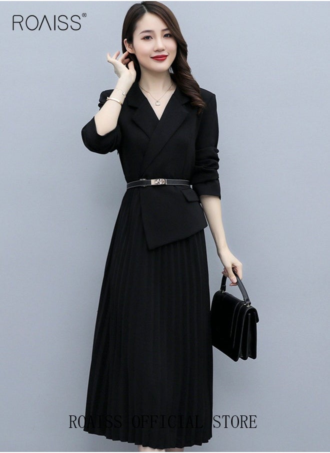 roaiss Women's Vintage Blazer Dress Women Elegant Office Dress with Belt Long Women V-Neck A-Line Dress Women Gorgeous Long Sleeve  - Image 2