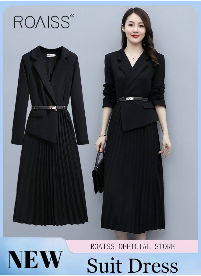 roaiss Women's Vintage Blazer Dress Women Elegant Office Dress with Belt Long Women V-Neck A-Line Dress Women Gorgeous Long Sleeve  - Image 1