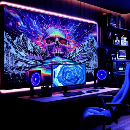 Lahasbja Blacklight Skull Tapestry UV Reactive Galaxy Mountain Planet Tapestries Magic Neon River Wall Hanging Aesthetic Skeleton Wall Decor Forest Trees Landscape Backdrop for Living Room - Image 5