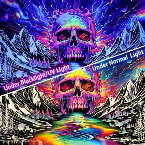 Lahasbja Blacklight Skull Tapestry UV Reactive Galaxy Mountain Planet Tapestries Magic Neon River Wall Hanging Aesthetic Skeleton Wall Decor Forest Trees Landscape Backdrop for Living Room - Image 4