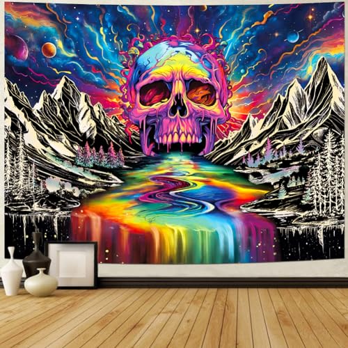 Lahasbja Blacklight Skull Tapestry UV Reactive Galaxy Mountain Planet Tapestries Magic Neon River Wall Hanging Aesthetic Skeleton Wall Decor Forest Trees Landscape Backdrop for Living Room - Image 2