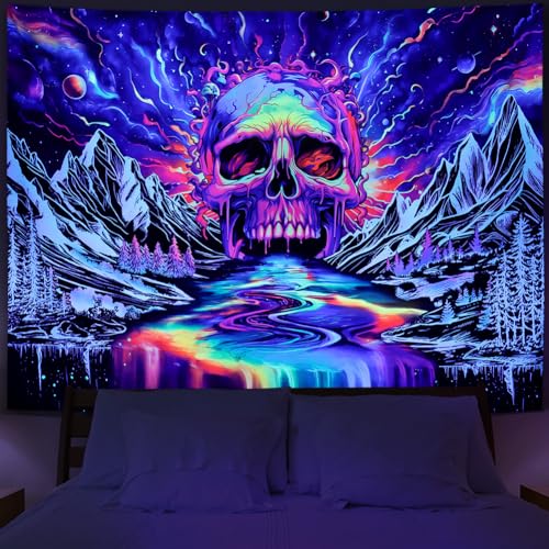 Lahasbja Blacklight Skull Tapestry UV Reactive Galaxy Mountain Planet Tapestries Magic Neon River Wall Hanging Aesthetic Skeleton Wall Decor Forest Trees Landscape Backdrop for Living Room - Image 1