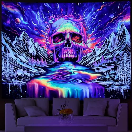 Lahasbja Blacklight Skull Tapestry UV Reactive Galaxy Mountain Planet Tapestries Magic Neon River Wall Hanging Aesthetic Skeleton Wall Decor Forest Trees Landscape Backdrop for Living Room - Image 3