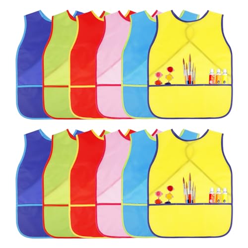 Guiqulai 12 Pcs Art Smocks for Kids Waterproof Artist Painting Aprons Toddler Sleeveless Children Painting Smock Kids Apron with 3 Pockets for Age 38 Years6 Colors - Image 1