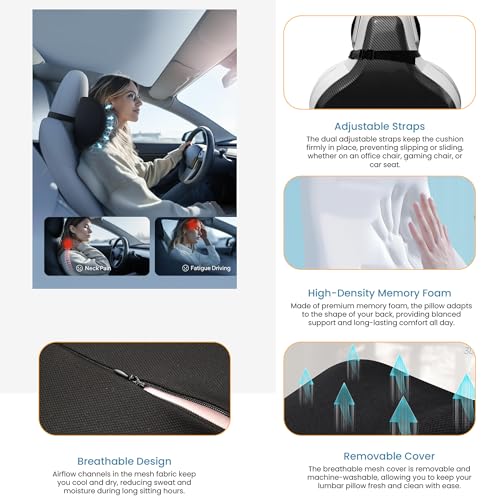 GREENSHEEP Car Seat Head Rest Pillow with Adjustable Strap Memory Foam Support Cushion for Driving Pain Relief Long Drive and Comfortable Rides (Pack of 1, Black) - Image 4