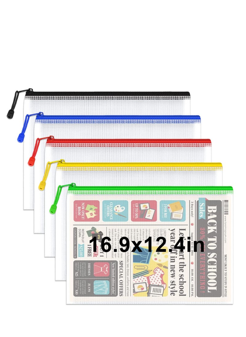 Y&D Zipper Pouch, 5Pcs Extra Thick Mesh Bags, Plastic Waterproof Document Pouch for School Office Supplies and Cosmetics Travel Accessories Mixed Color  - Image 1