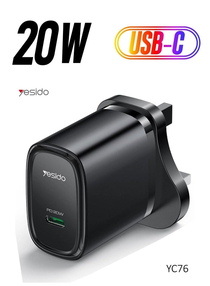Yesido YC76 PD 20W USB Type-C Single Port Quick Charger – Fast Charging Adapter for iPhone, Samsung, Android Devices, Tablets, and More – Black - Image 1