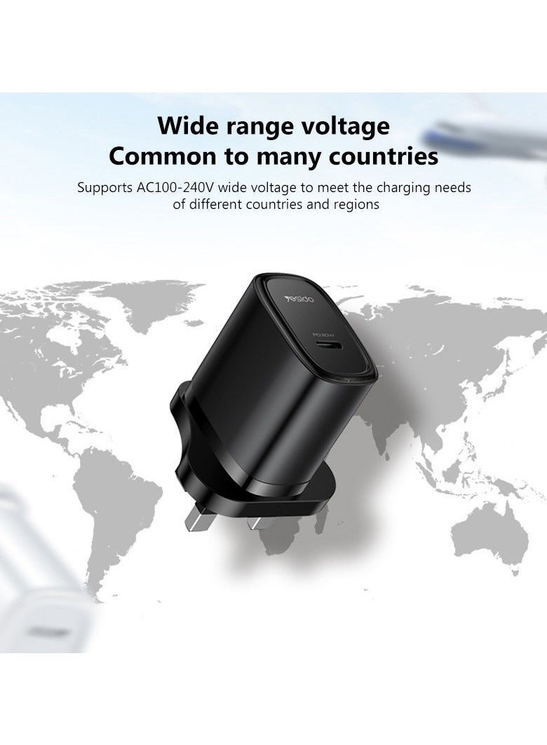 Yesido YC76 PD 20W USB Type-C Single Port Quick Charger – Fast Charging Adapter for iPhone, Samsung, Android Devices, Tablets, and More – Black - Image 2