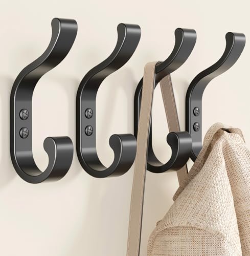 bussdis Coat Hooks Wall Mount for Hanging Heavy Duty Backpack Hooks for Wall Hold up to 30 lbs Large Hanger Hooks for Towels Purses Clothes Mudroom Bathroom Door Black 4 Pack