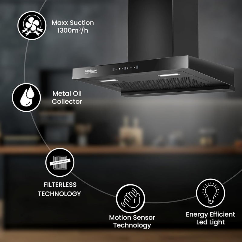 hindware Hindware Smart Appliances DARCIA 90 CM 2024 Model 1300 mhr Stylish Filterless AutoClean Wall Mounted Chimney for Kitchen with Motion Sensors Metallic Blower and LED Lamps Black  - Image 4