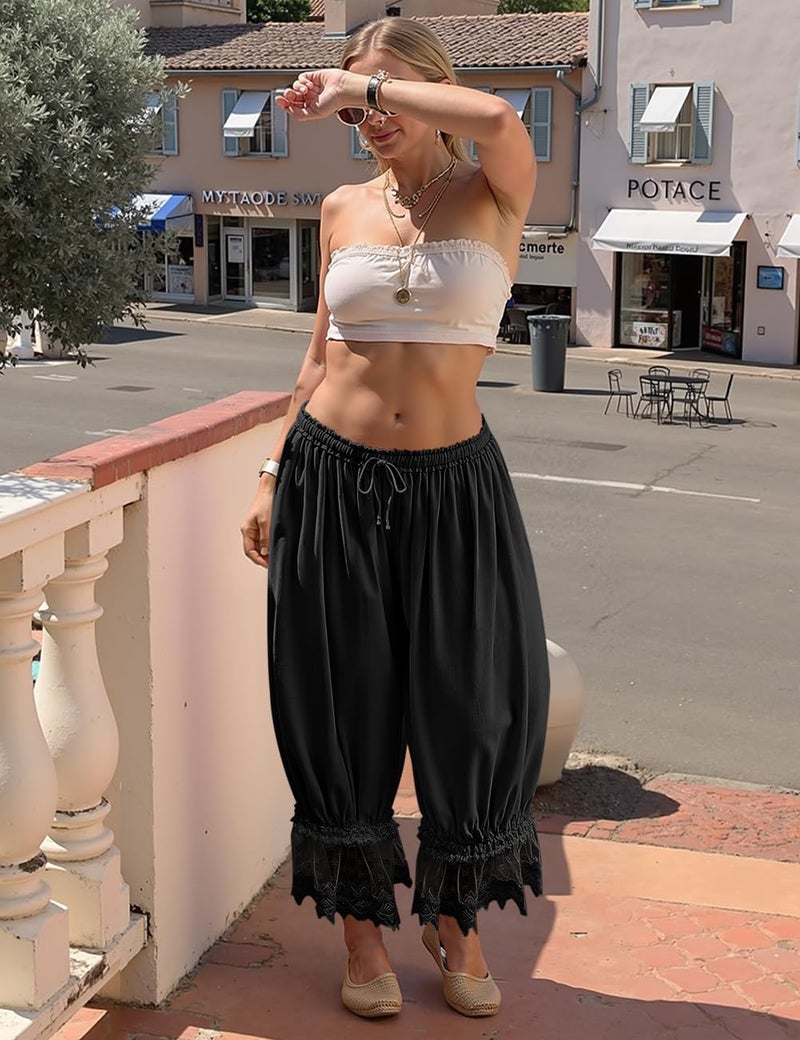 TARSE Women Linen Lace Trim Long Bloomers Pants Y2K Ruffle Victorian Vintage Pantaloons Summer Beach Travel Vacation Pants(Black, M) - Image 3