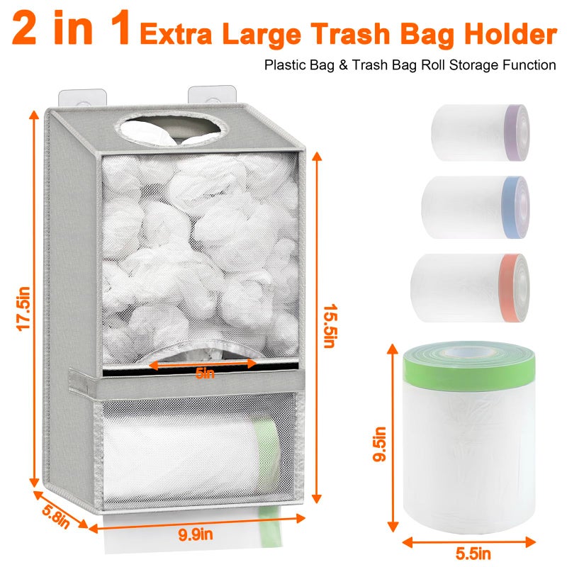 Spaclear Wall Mount Plastic Bag Holder - Large Oxford Cloth Grocery Bag Holder, 2-in-1 Plastic Bags Organizer with Trash Roll Dispenser for Home Kitchen Closet Cabinets Sink, Gray - Image 2