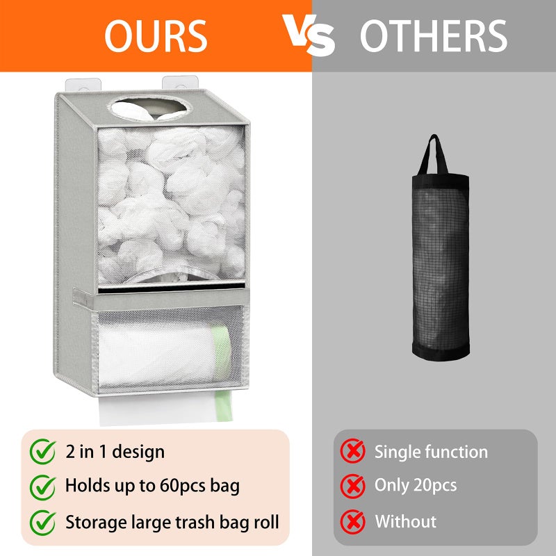 Spaclear Wall Mount Plastic Bag Holder - Large Oxford Cloth Grocery Bag Holder, 2-in-1 Plastic Bags Organizer with Trash Roll Dispenser for Home Kitchen Closet Cabinets Sink, Gray - Image 3
