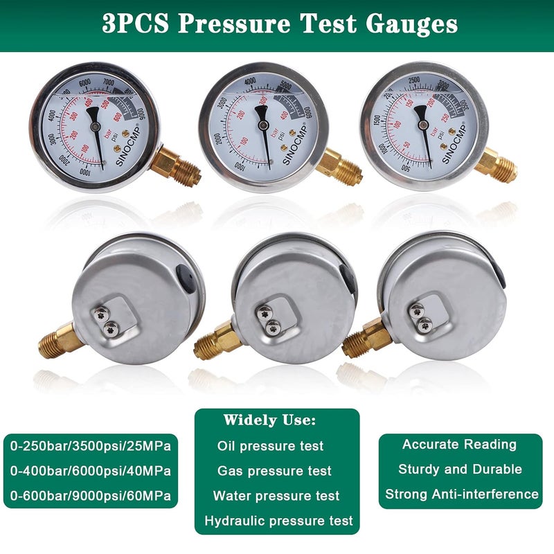 SINOCMP Hydraulic Pressure Test Kit, 3 Pressure Gauges 25Mpa/40Mpa/60Mpa 6 Test Couplings 3 Test Hoses 1 Storage Case Diagnosis Tester Gauge Set for Excavator Construction Machinery Upgraded Version - Image 3