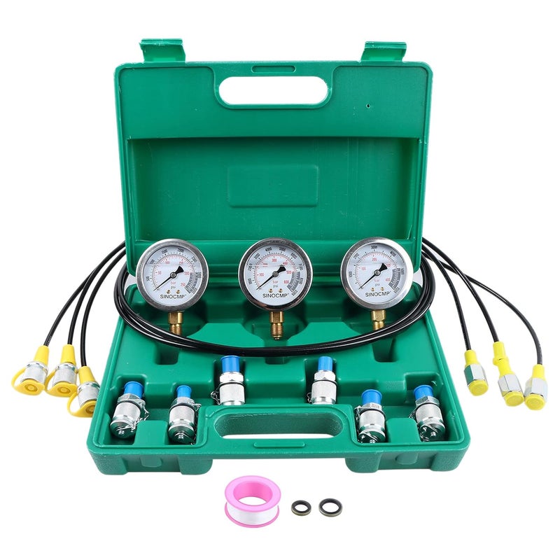 SINOCMP Hydraulic Pressure Test Kit, 3 Pressure Gauges 25Mpa/40Mpa/60Mpa 6 Test Couplings 3 Test Hoses 1 Storage Case Diagnosis Tester Gauge Set for Excavator Construction Machinery Upgraded Version - Image 1