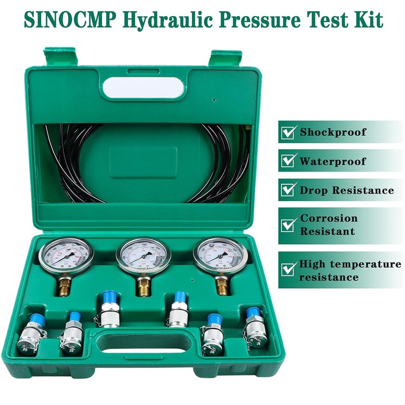 SINOCMP Hydraulic Pressure Test Kit, 3 Pressure Gauges 25Mpa/40Mpa/60Mpa 6 Test Couplings 3 Test Hoses 1 Storage Case Diagnosis Tester Gauge Set for Excavator Construction Machinery Upgraded Version - Image 2