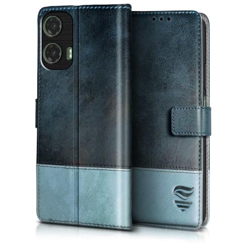 FLIPPED Vegan Leather Flip Case Back Cover for Motorola Moto G35 5G (Flexible, Shock Proof | Hand Stitched Leather Finish | Card Pockets Wallet & Stand | Blue with Aquamarine) - Image 3