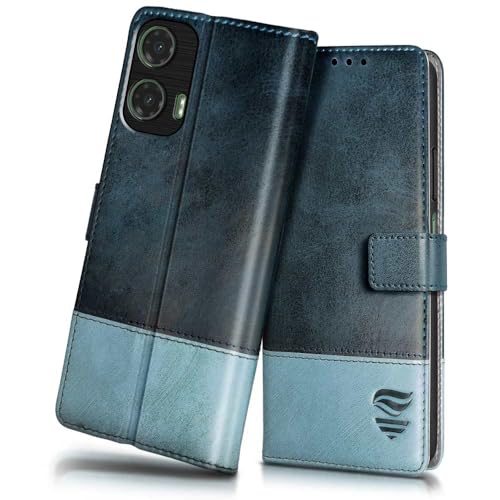 FLIPPED Vegan Leather Flip Case Back Cover for Motorola Moto G35 5G (Flexible, Shock Proof | Hand Stitched Leather Finish | Card Pockets Wallet & Stand | Blue with Aquamarine) - Image 1