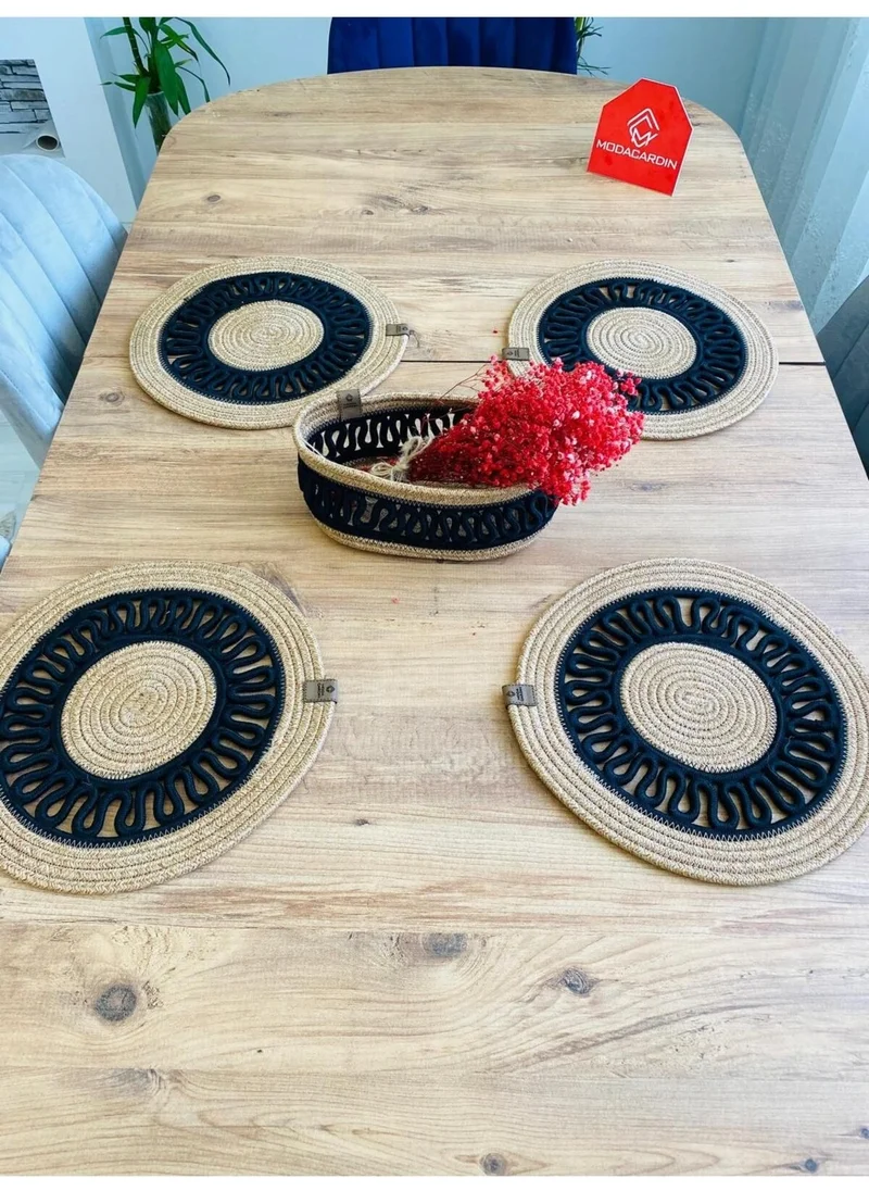 BDZ Deri BDZ Leather Jute Wicker American Service Plate and Basket 5 Pieces