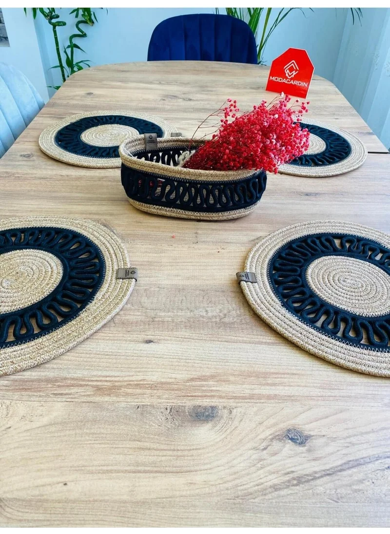 BDZ Deri BDZ Leather Jute Wicker American Service Plate and Basket 5 Pieces