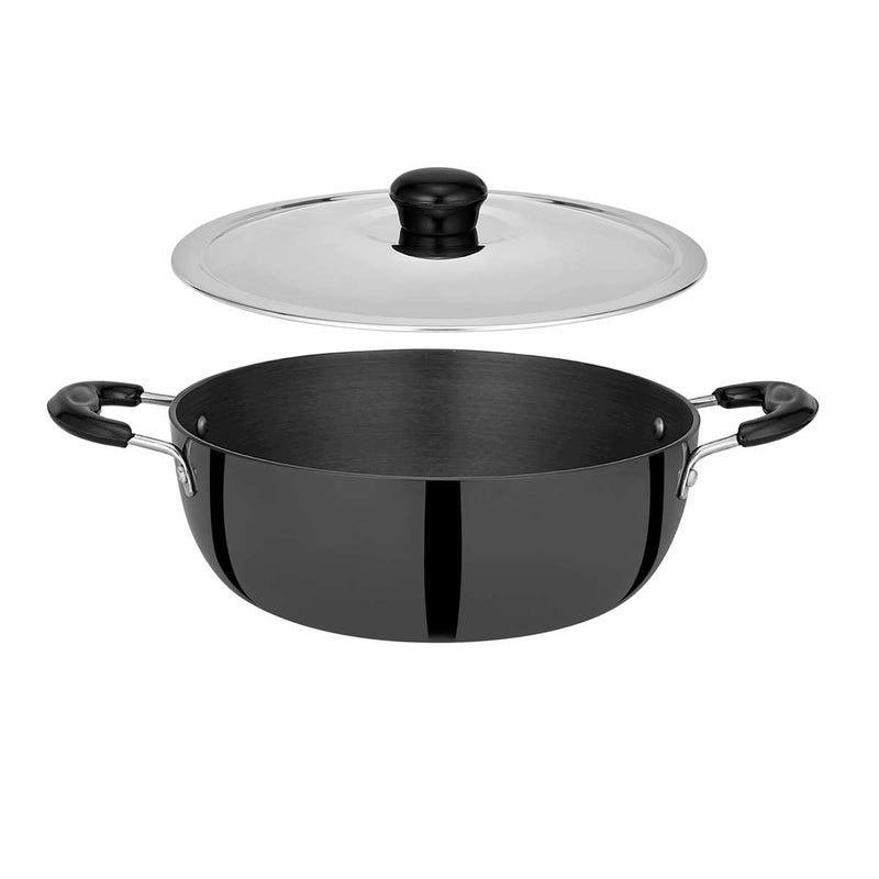 DiBha Hard Anodised Black Round Kadai with Steel Lid 2 Liters, Suitable for Indian Cooking, Sauces, Stews-Large Saucepan, Multi Use Deep Wok, Pot, Riveted Handles Diameter 23cm - Image 2
