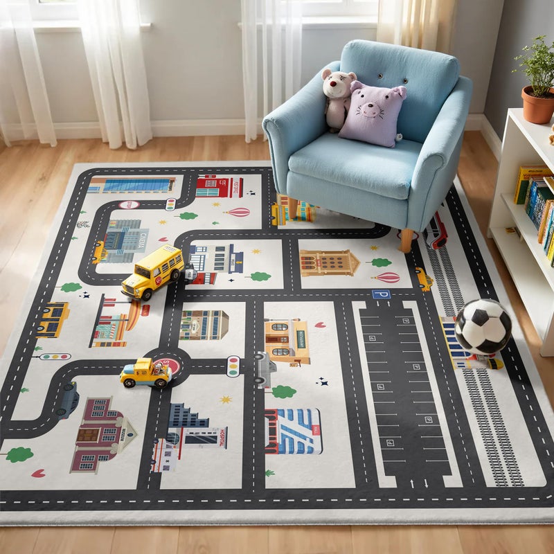 Nayoroom 5x7ft Kids City Road Car Play Rug - Non-Slip Faux Wool Carpet with Interactive City Map Design, Educational Toy Vehicle Mat for Kids, Bedroom Playroom Nursery Gift. - Image 1