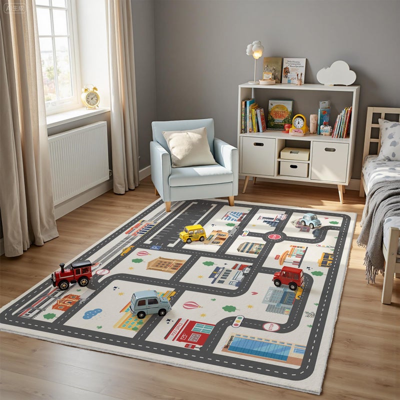 Nayoroom 5x7ft Kids City Road Car Play Rug - Non-Slip Faux Wool Carpet with Interactive City Map Design, Educational Toy Vehicle Mat for Kids, Bedroom Playroom Nursery Gift. - Image 3