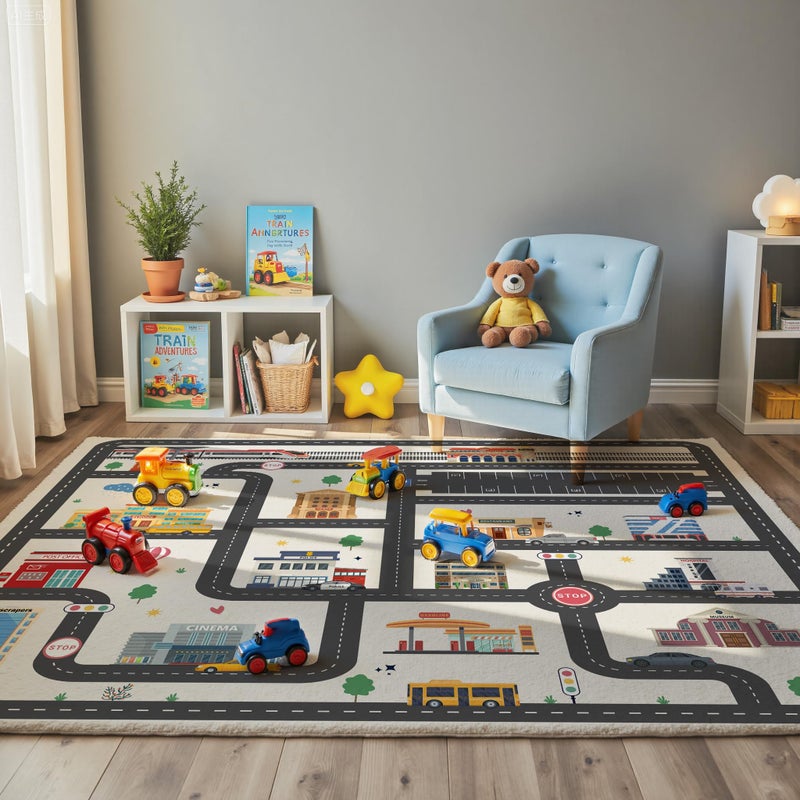 Nayoroom 5x7ft Kids City Road Car Play Rug - Non-Slip Faux Wool Carpet with Interactive City Map Design, Educational Toy Vehicle Mat for Kids, Bedroom Playroom Nursery Gift. - Image 2