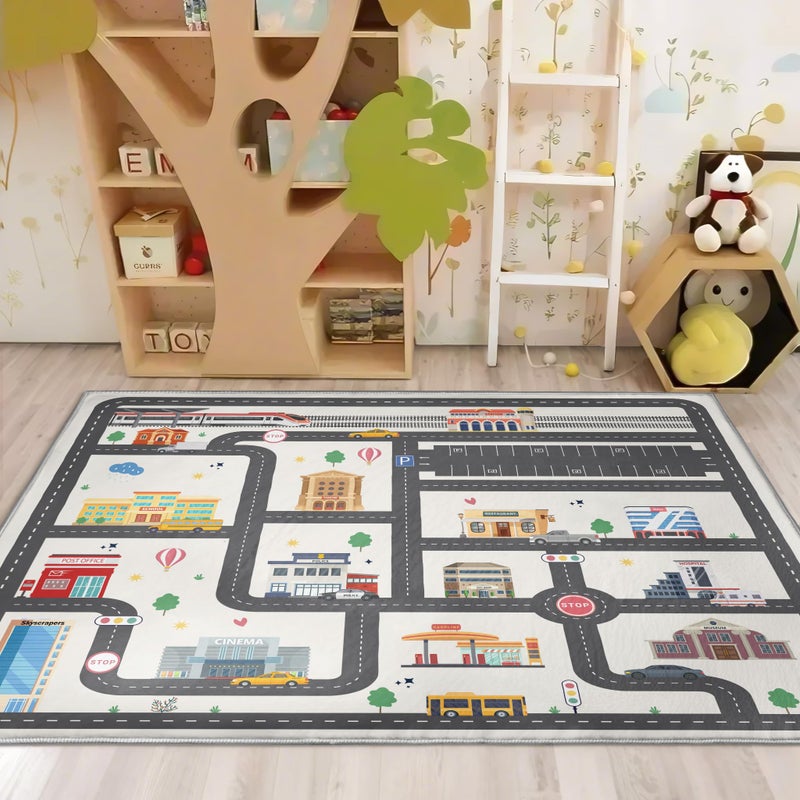 Nayoroom 5x7ft Kids City Road Car Play Rug - Non-Slip Faux Wool Carpet with Interactive City Map Design, Educational Toy Vehicle Mat for Kids, Bedroom Playroom Nursery Gift. - Image 4